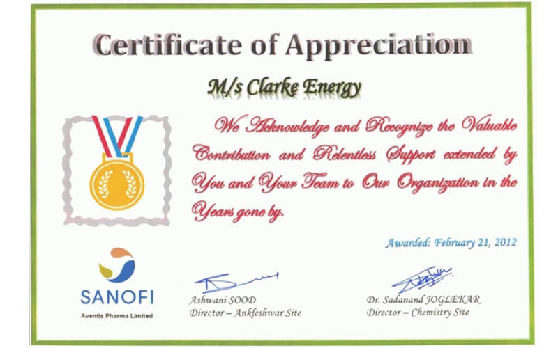 Certificate of Appreciation from Sanofi, India