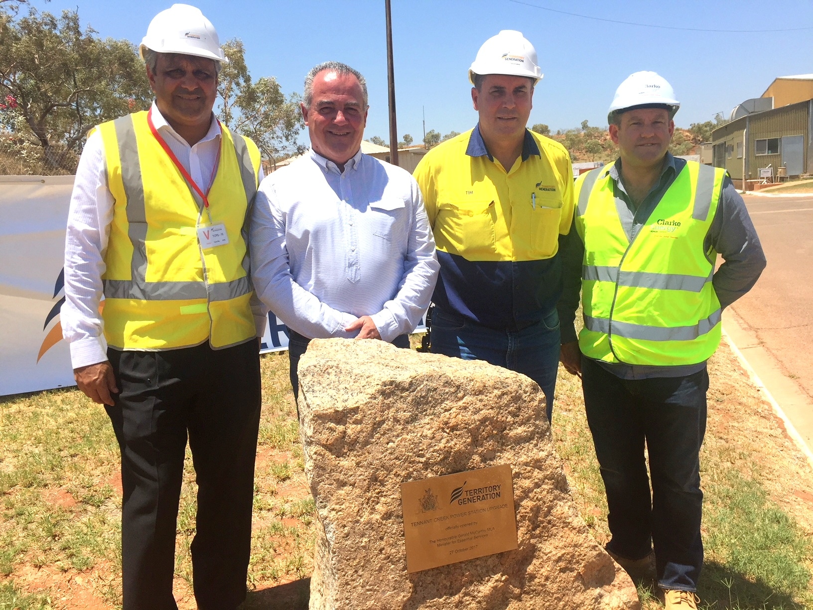 A photograph of (l-r) David de Silva, Chairman, Territory Generation Board, Gerry McCarthy, Minister for Essential Services, Tim Duignan, Chief Executive Officer, Territory Generation, Greg Columbus, Managing Director of Clarke Energy in Australia.