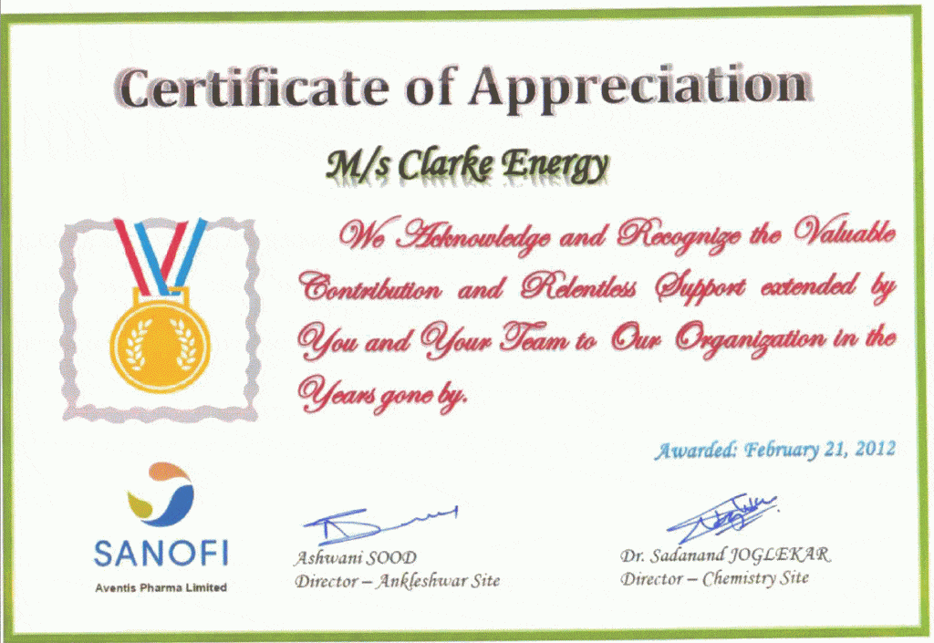 Sanofi Clarke Energy letter of appreciation